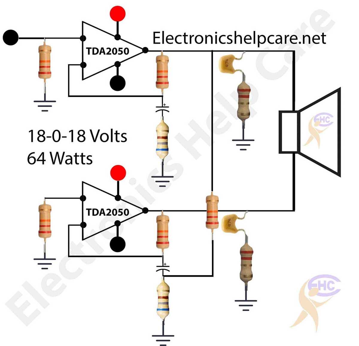 tda2050 bridge amplifier circuit diagram