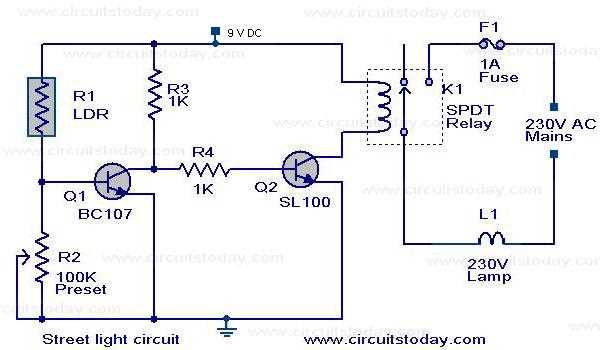 circuit diagram of automatic street light using ldr